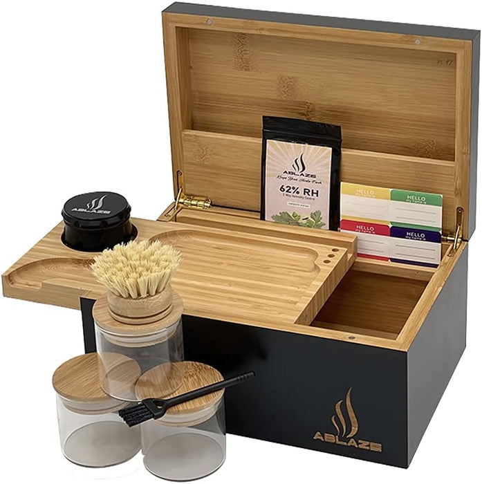 Ablaze Large Bamboo Storage Box with Removable Tray Kit - Decorative Box Set, UV Glass Jars and Brush